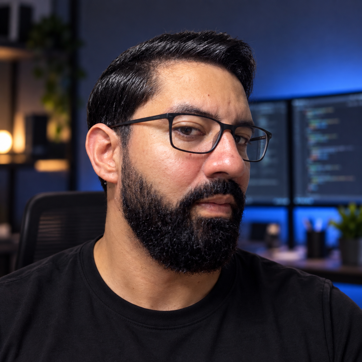 Andrés Gómez con gafas, en su espacio de trabajo